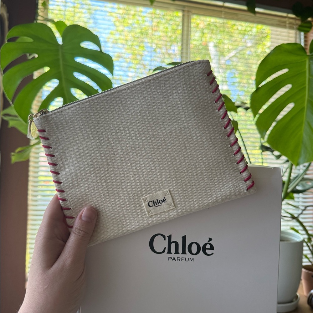 Chloe Cream Cosmetic Bag with Pink Stitching